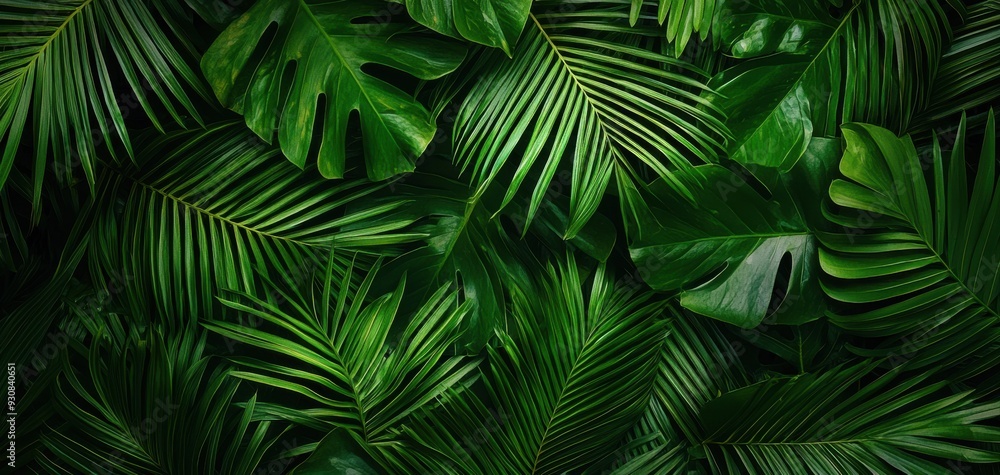 Fototapeta premium A lush, vibrant collection of green leaves showcasing exotic plant life, ideal for nature and botanical designs.