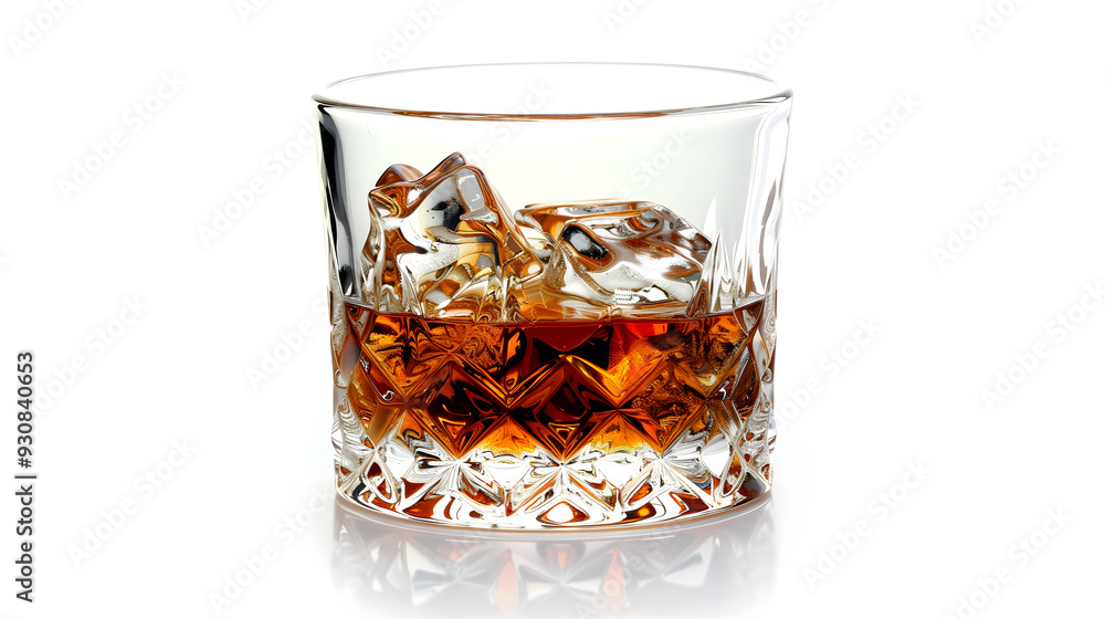 Whiskey Glass with Ice Cubes in Crystal Glass on White Background Whiskey Glass with Ice Cubes in Crystal Glass on White Background