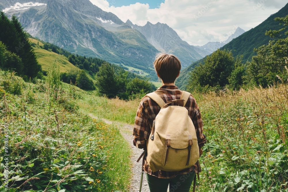 Young woman with short hair in oversized flannel shirt and backpack walking along a nature trail through lush greenery with mountains in the background, symbolizing adventure and freedom. Young woman with short hair in oversized flannel shirt and backpack walking along a nature trail through lush greenery with mountains in the background, symbolizing adventure and freedom.