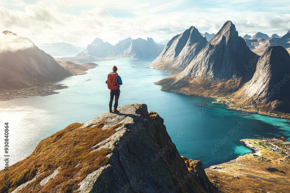 Hiker on a mountain peak overlooking Lofoten Islands in Norway, with turquoise waters and rugged cliffs, embodying adventure and exploration. Hiker on a mountain peak overlooking Lofoten Islands in Norway, with turquoise waters and rugged cliffs, embodying adventure and exploration.
