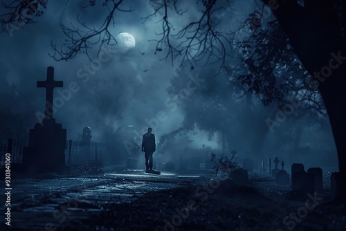 Wallpaper Mural A solitary figure walks through a foggy cemetery under a full moon, creating a haunting atmosphere. Torontodigital.ca