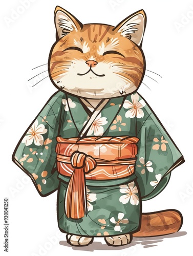 Smiling Cartoon Tabby Cat in Green Floral Kimono, Adorable and Whimsical Illustration Style