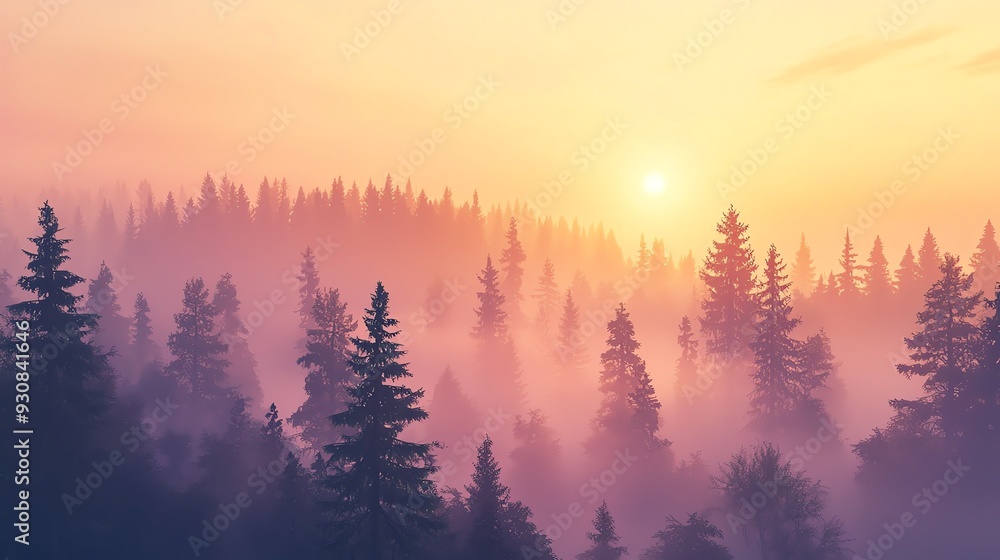 A serene sunrise over a misty forest, showcasing tall trees bathed in soft pastel hues of purple and orange. A serene sunrise over a misty forest, showcasing tall trees bathed in soft pastel hues of purple and orange.