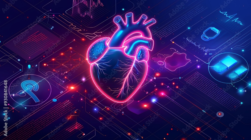 A digital heart illustration surrounded by data visualizations and technology elements. A digital heart illustration surrounded by data visualizations and technology elements.