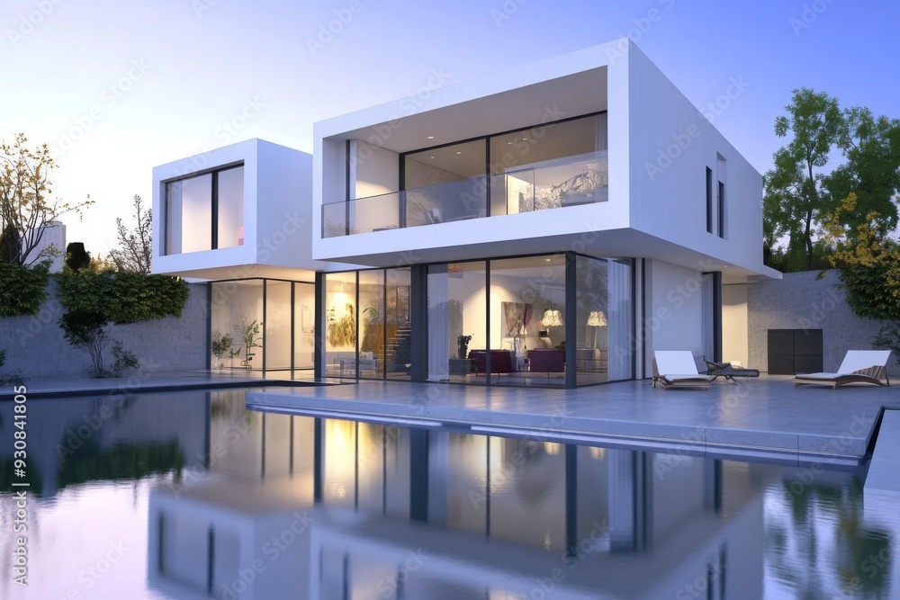 Modern house with a sleek pool, showcasing white walls, glass windows, and contemporary architecture. The front view highlights minimalism and evening light reflections on the water surface. Modern house with a sleek pool, showcasing white walls, glass windows, and contemporary architecture. The front view highlights minimalism and evening light reflections on the water surface.