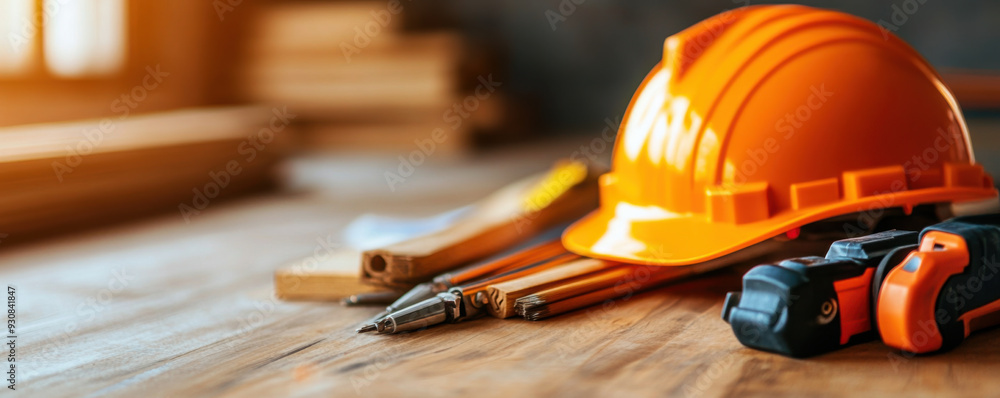 Yellow construction helmet and tools placed on a wooden surface, suggesting ongoing or upcoming construction work. Yellow construction helmet and tools placed on a wooden surface, suggesting ongoing or upcoming construction work.