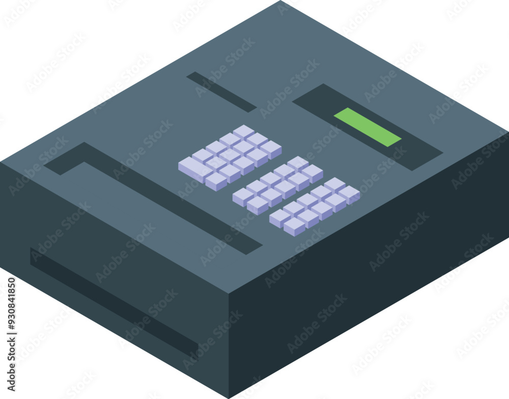 Isometric cash register with a green display showing the total amount Isometric cash register with a green display showing the total amount