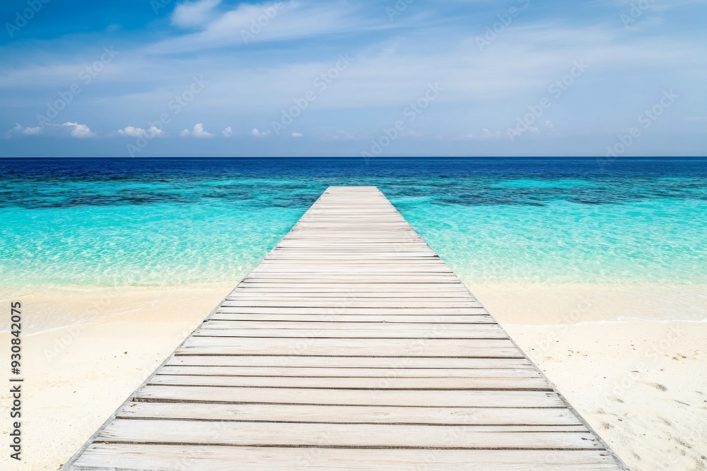 Wooden pier extending into turquoise ocean with white sand beach and clear water in a wide-angle view. Wooden pier extending into turquoise ocean with white sand beach and clear water in a wide-angle view.