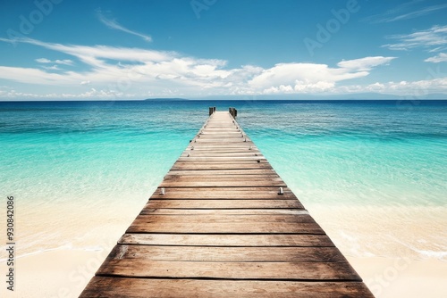 Wooden pier extending into turquoise ocean with white sand beach and clear water in a wide-angle view.