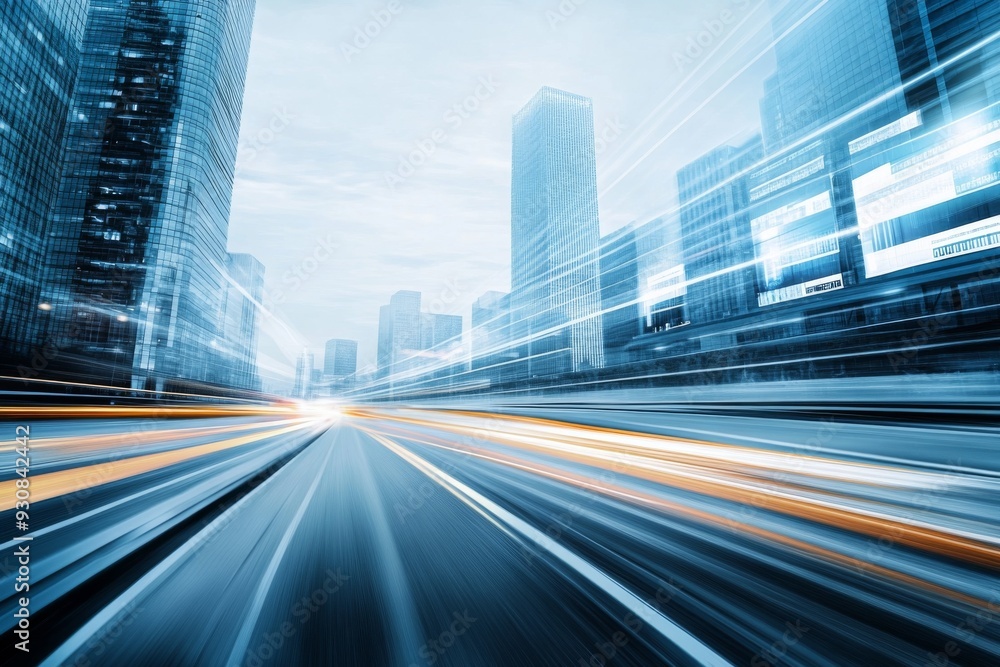 Fototapeta premium Futuristic Cityscape with Skyscrapers, Motion Blur from Cars, Digital Screens, and Soft Lighting Highlighting Architectural Innovation and Technological Advancement