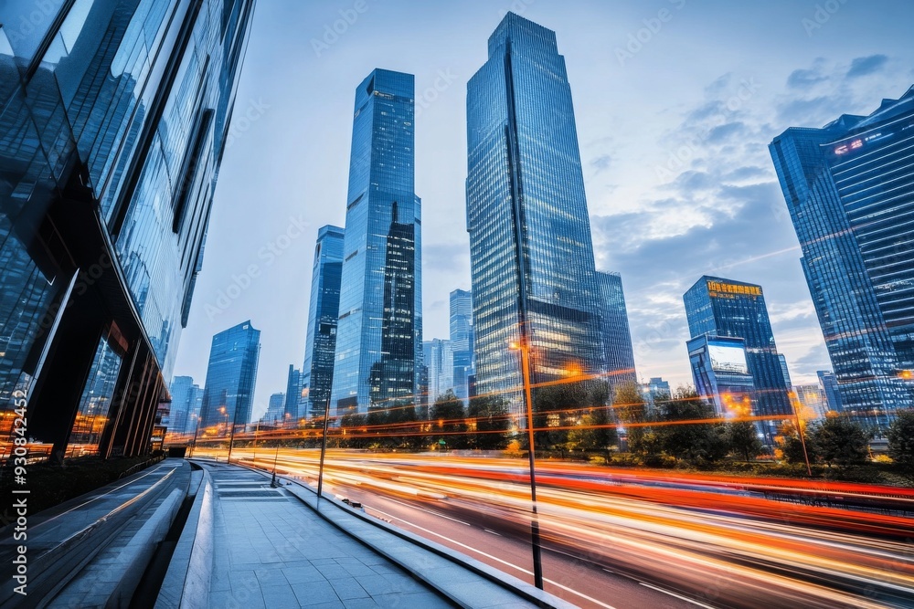 Futuristic Cityscape with Skyscrapers, Motion Blur from Cars, Digital Screens, and Soft Lighting Highlighting Architectural Innovation and Technological Advancement Futuristic Cityscape with Skyscrapers, Motion Blur from Cars, Digital Screens, and Soft Lighting Highlighting Architectural Innovation and Technological Advancement