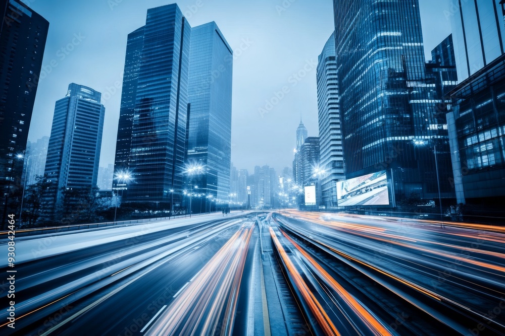 Fototapeta premium Futuristic Cityscape with Skyscrapers, Motion Blur from Cars, Digital Screens, and Soft Lighting Highlighting Architectural Innovation and Technological Advancement