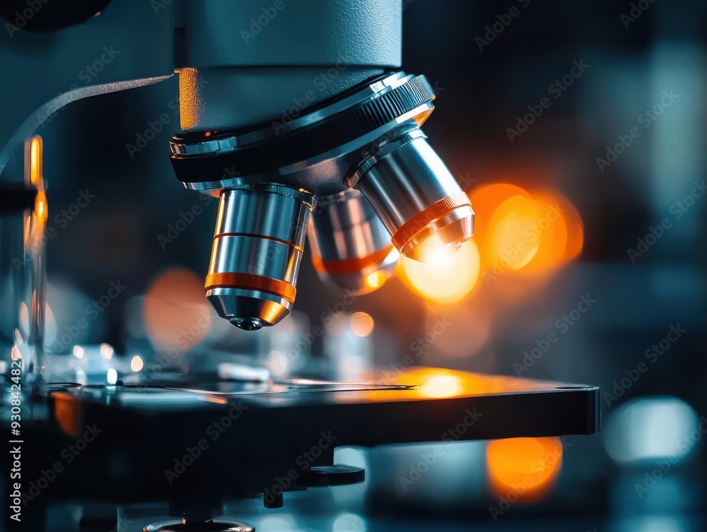 Close-up of a modern microscope with illuminated lenses, highlighting the advanced technology used in scientific research. Close-up of a modern microscope with illuminated lenses, highlighting the advanced technology used in scientific research.
