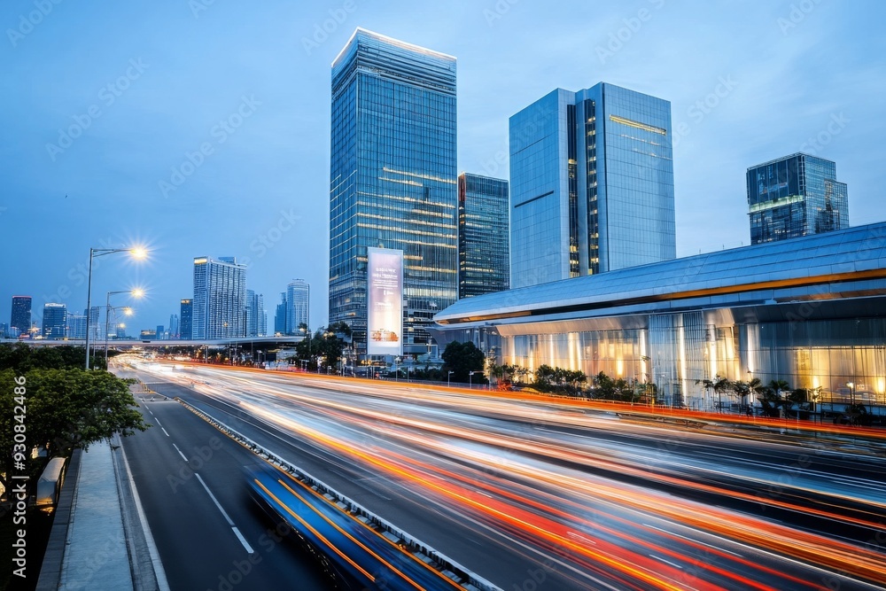 Fototapeta premium Futuristic Cityscape with Skyscrapers, Motion Blur from Cars, Digital Screens, and Soft Lighting Highlighting Architectural Innovation and Technological Advancement
