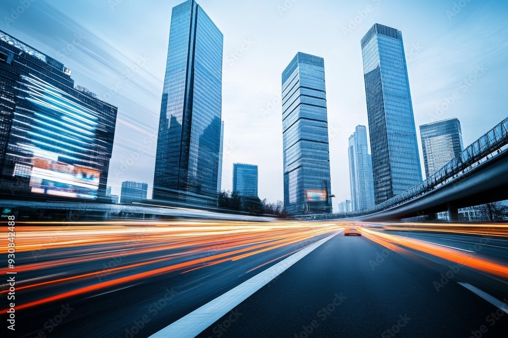 Fototapeta premium Futuristic Cityscape with Skyscrapers, Motion Blur from Cars, Digital Screens, and Soft Lighting Highlighting Architectural Innovation and Technological Advancement