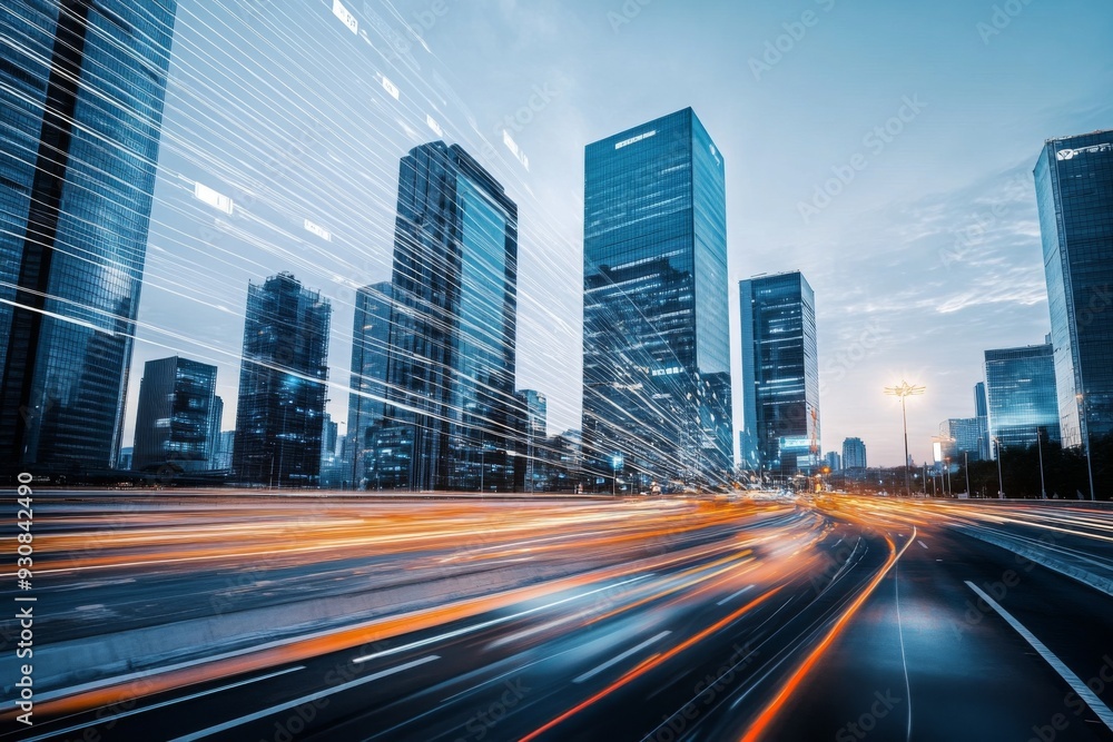 Fototapeta premium Futuristic Cityscape with Skyscrapers, Motion Blur from Cars, Digital Screens, and Soft Lighting Highlighting Architectural Innovation and Technological Advancement