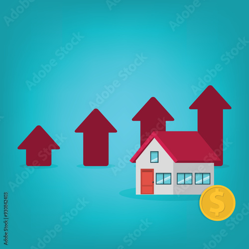 Arrows rise up above the house. The concept of growth in demand for real estate. Increase in the value of property, vector illustration 