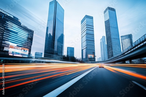 Futuristic Cityscape with Skyscrapers, Motion Blur from Cars, Digital Screens, and Soft Lighting Highlighting Architectural Innovation and Technological Advancement