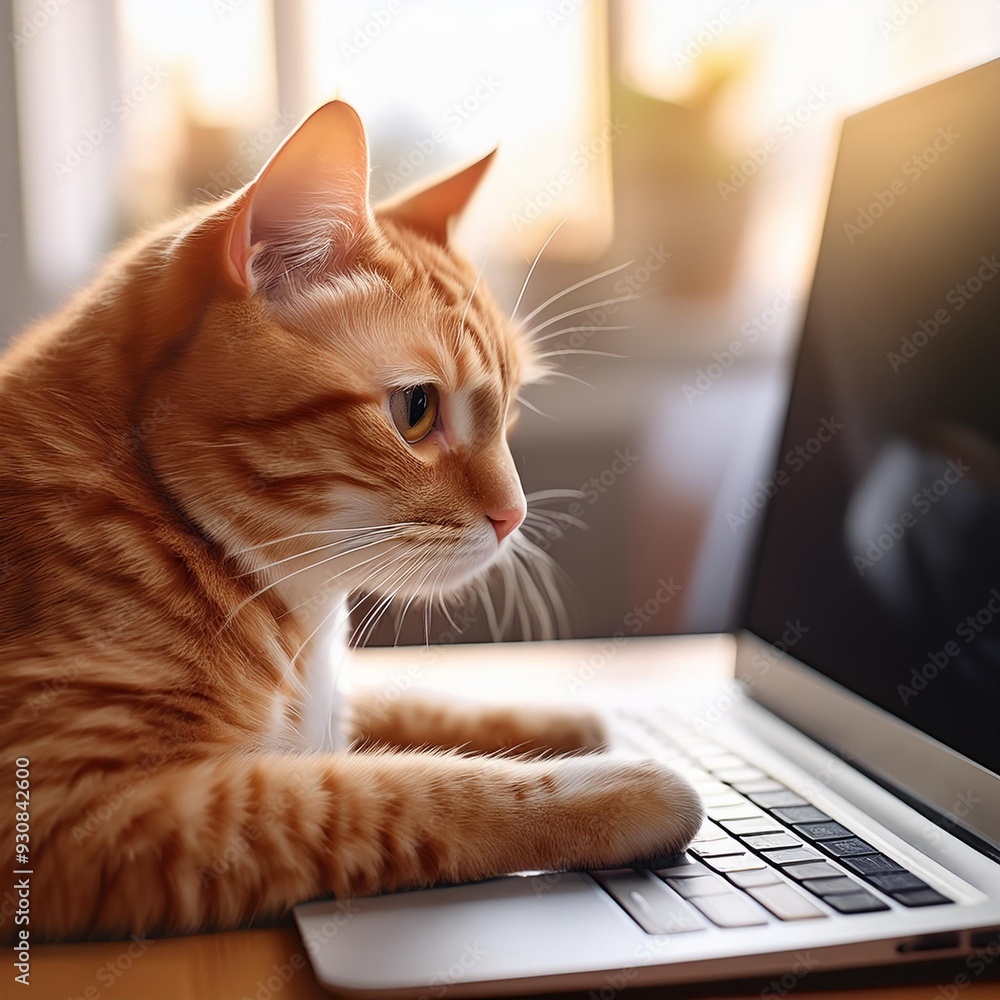 ノートパソコンのモニターを見ながら一生懸命にタイピングしている猫