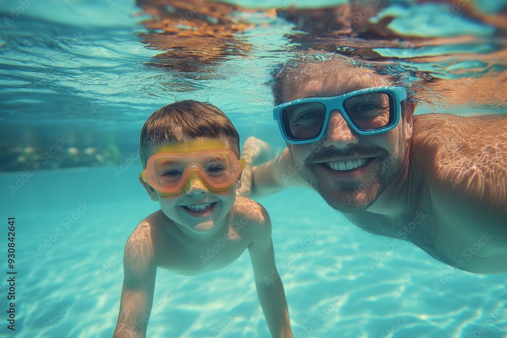 Fototapeta premium Father and son swimming underwater in a pool, wearing goggles and smiling at the camera, high-resolution, professional color grading, sharp focus, and soft shadows.
