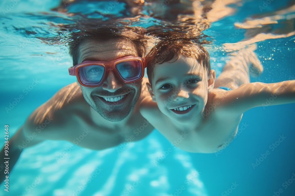 Naklejka premium Father and son swimming underwater in a pool, wearing goggles and smiling at the camera, high-resolution, professional color grading, sharp focus, and soft shadows.