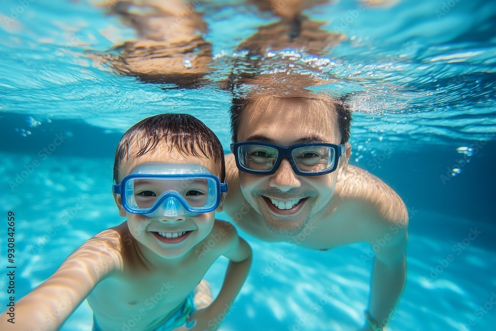 Naklejka premium Father and son swimming underwater in a pool, wearing goggles and smiling at the camera, high-resolution, professional color grading, sharp focus, and soft shadows.