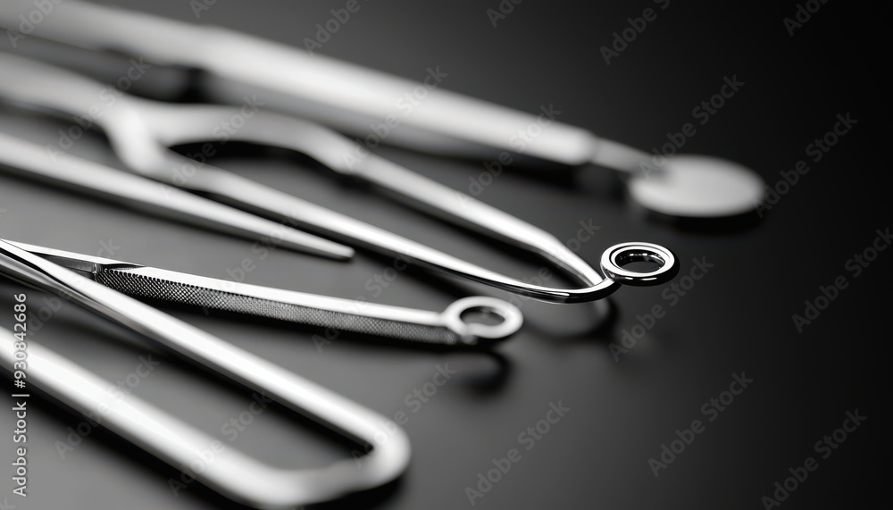 Close-up of shiny surgical instruments arranged on a dark surface, showcasing precision and craftsmanship in medical tools. Close-up of shiny surgical instruments arranged on a dark surface, showcasing precision and craftsmanship in medical tools.