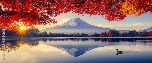 Autumn Leaves Frame Mount Fuji Reflected in Lake Idegawa at Sunrise with Duck Gliding on Calm Water, Crisp Details, Vibrant Colors