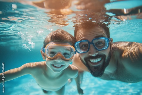 Father and son swimming underwater in a pool, wearing goggles and smiling at the camera, high-resolution, professional color grading, sharp focus, and soft shadows.