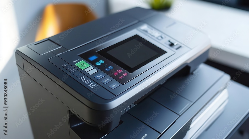 Close-up of a modern office printer on a desk, featuring a touchscreen interface and multiple functionality buttons. Close-up of a modern office printer on a desk, featuring a touchscreen interface and multiple functionality buttons.