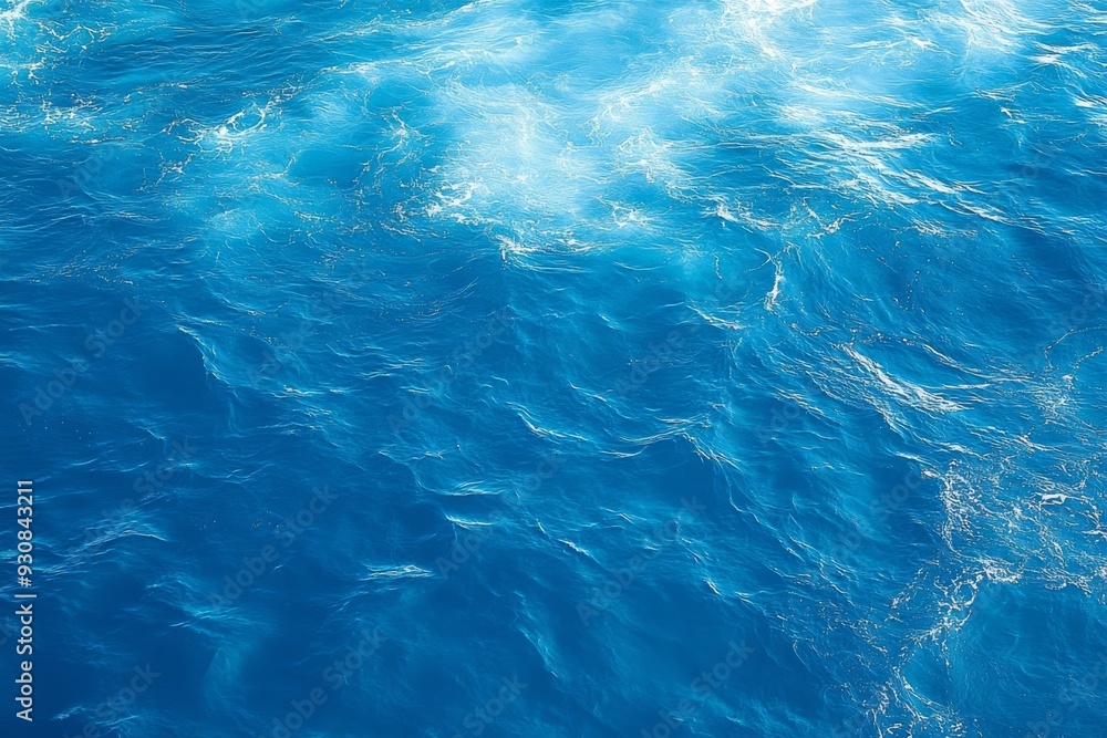 Top view of blue ocean water with intricate wave textures and water splashes, creating an abstract background of the sea surface, showcasing the dynamic movement and vibrant blue tones of the ocean. Top view of blue ocean water with intricate wave textures and water splashes, creating an abstract background of the sea surface, showcasing the dynamic movement and vibrant blue tones of the ocean.