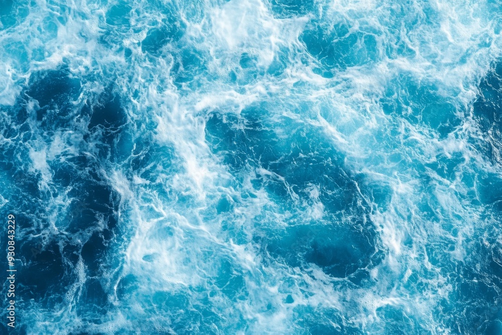 Top view of blue ocean water with intricate wave textures and water splashes, creating an abstract background of the sea surface, showcasing the dynamic movement and vibrant blue tones of the ocean. Top view of blue ocean water with intricate wave textures and water splashes, creating an abstract background of the sea surface, showcasing the dynamic movement and vibrant blue tones of the ocean.