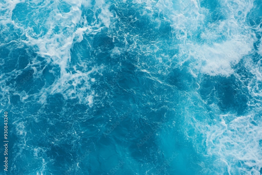Top view of blue ocean water with intricate wave textures and water splashes, creating an abstract background of the sea surface, showcasing the dynamic movement and vibrant blue tones of the ocean.