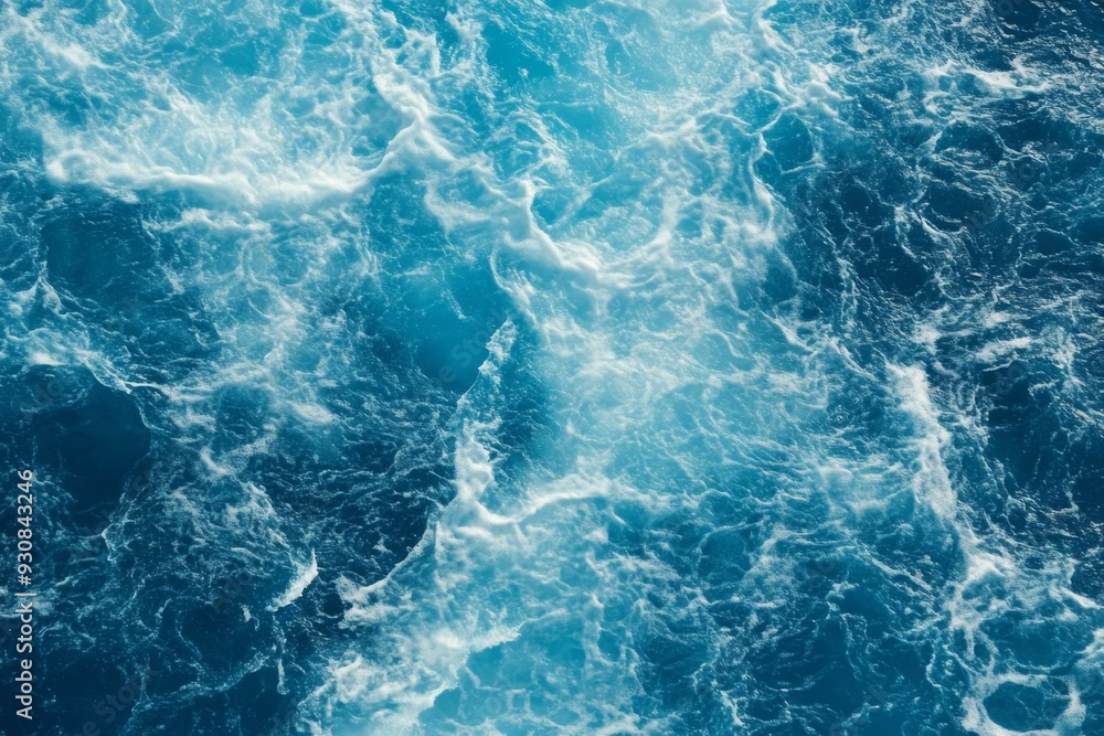Top view of blue ocean water with intricate wave textures and water splashes, creating an abstract background of the sea surface, showcasing the dynamic movement and vibrant blue tones of the ocean.