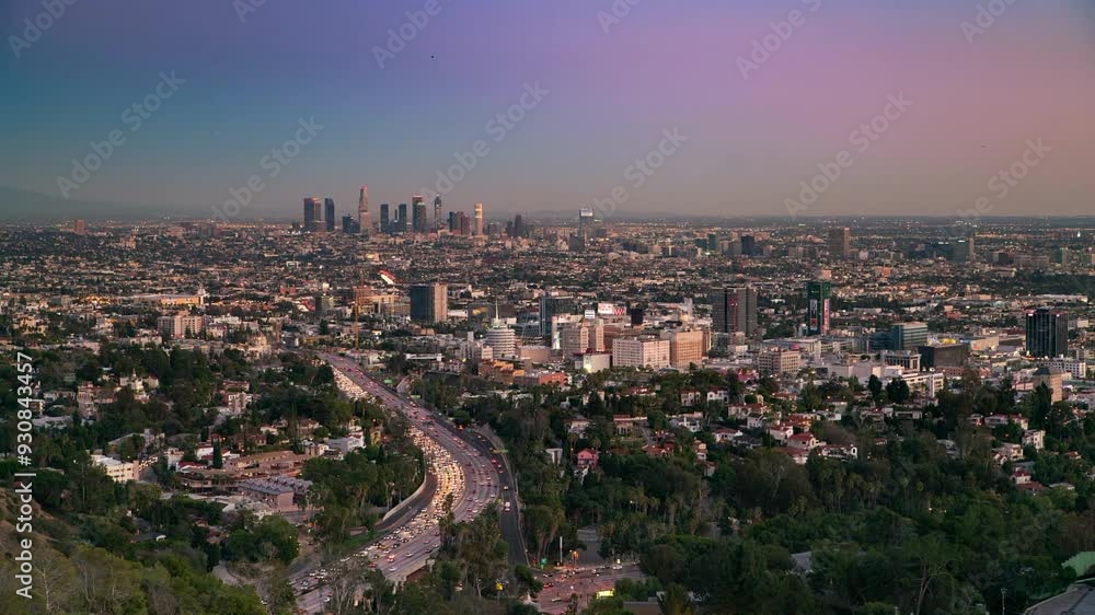 Aerial Lockdown Time Lapse Beautiful Shot Of Modern City From Sunset To Night - Los Angeles, California Aerial Lockdown Time Lapse Beautiful Shot Of Modern City From Sunset To Night - Los Angeles, California