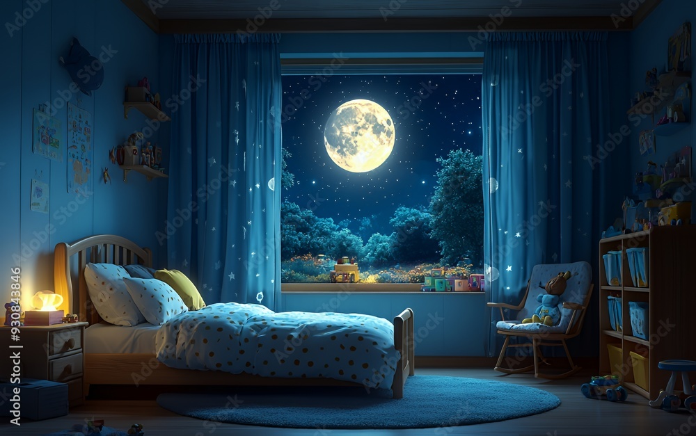 © kinara art design - A cozy bedroom at night with a bright moon and starry sky visible through the window.