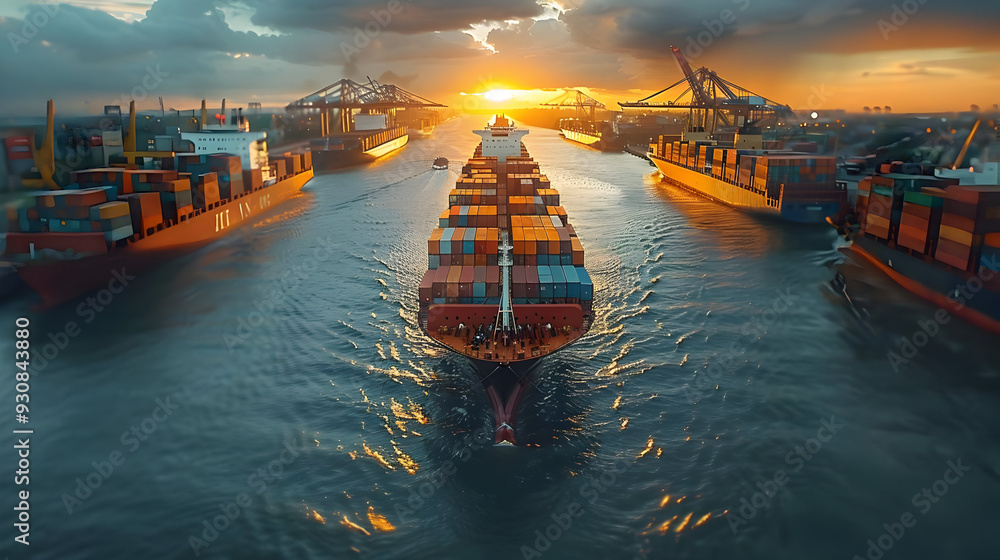 Aerial View of Cargo Ship in Harbor at Sunset - Photo Aerial View of Cargo Ship in Harbor at Sunset - Photo