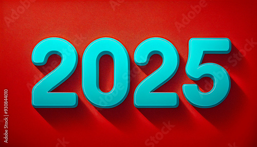 Happy New Year 2025 cyan on red background