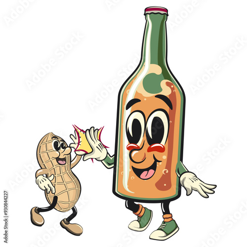 bottle beer cartoon character retro vector design giving peanuts a high five, work of hand drawn