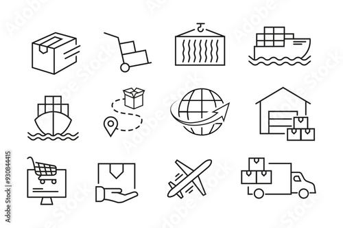 Transporting, export, delivery and shipping line icon set