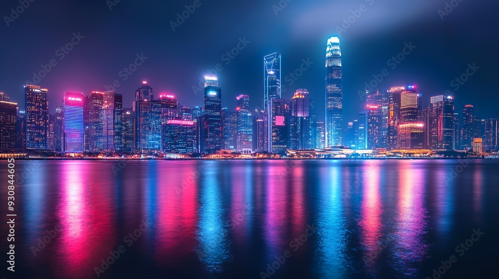A vibrant city skyline at night, reflecting colorful lights on the water. A vibrant city skyline at night, reflecting colorful lights on the water.