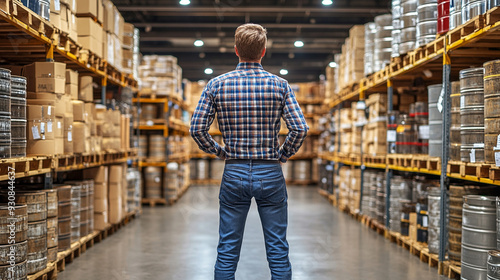 man stands with his back to a warehouse, surrounded by metallic bars and storage shelves, embodying solitude and contemplation in a structured environment