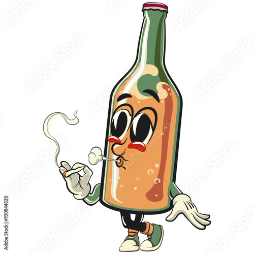 bottle beer cartoon character retro vector design smoke calmly, work of hand drawn