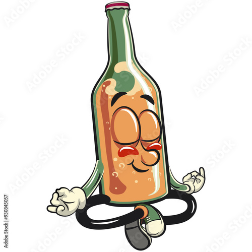 bottle beer cartoon character retro vector design meditating, work of hand drawn