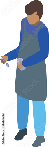 Street food vendor wearing an apron is holding a jar and spoon