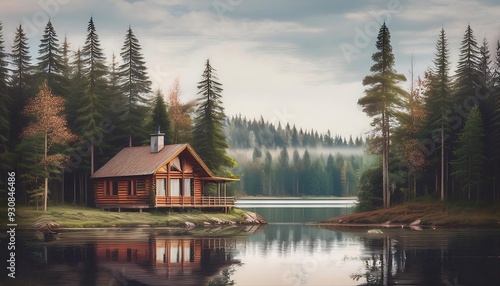 Rustic Cabin in the Woods - A vintage-style illustration of a cozy, rustic cabin nestled in the woods, surrounded by tall trees and lake. Graphic art illustration