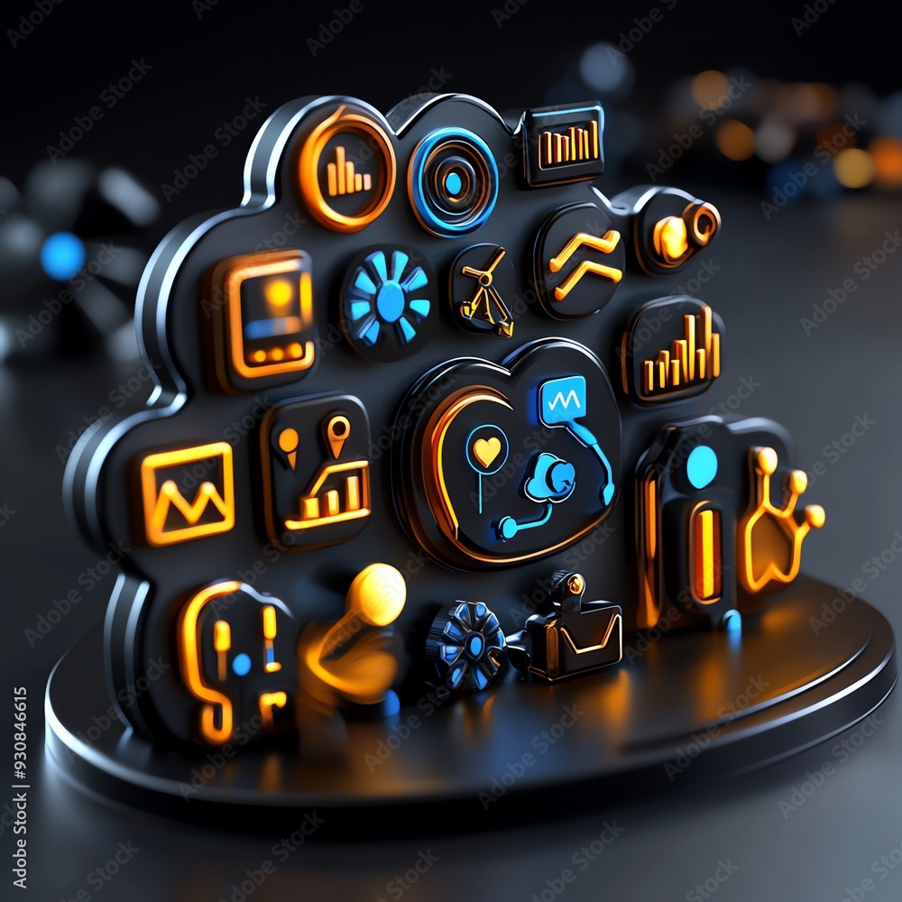 Fototapeta premium Abstract 3D render of a cloud computing concept with glowing icons representing data, technology, and connectivity.