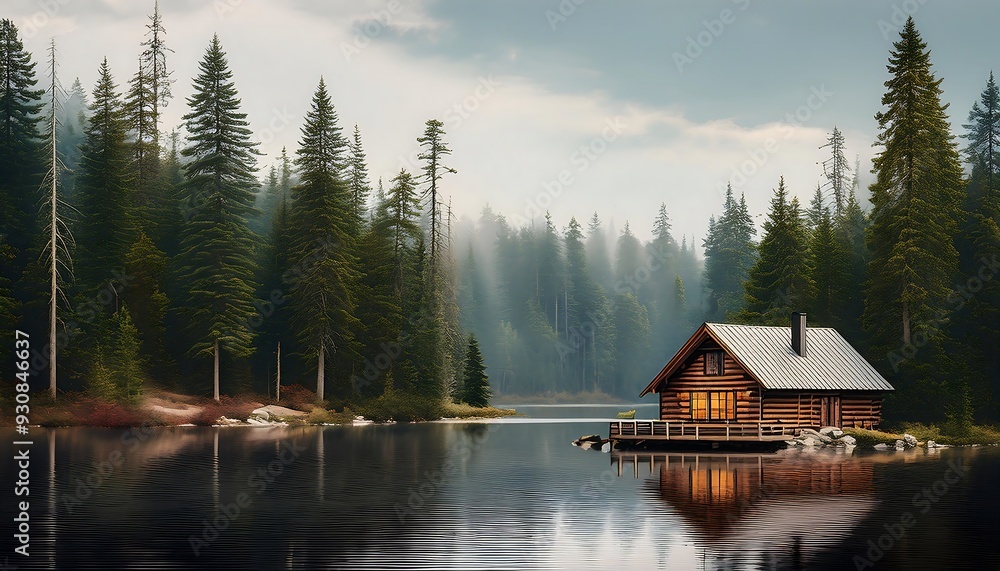 Fototapeta premium Rustic Cabin in the Woods - A vintage-style illustration of a cozy, rustic cabin nestled in the woods, surrounded by tall trees and a calm big lake. Graphic art illustration