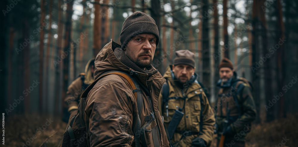 Group of hunters in a dense forest during early morning light Group of hunters in a dense forest during early morning light