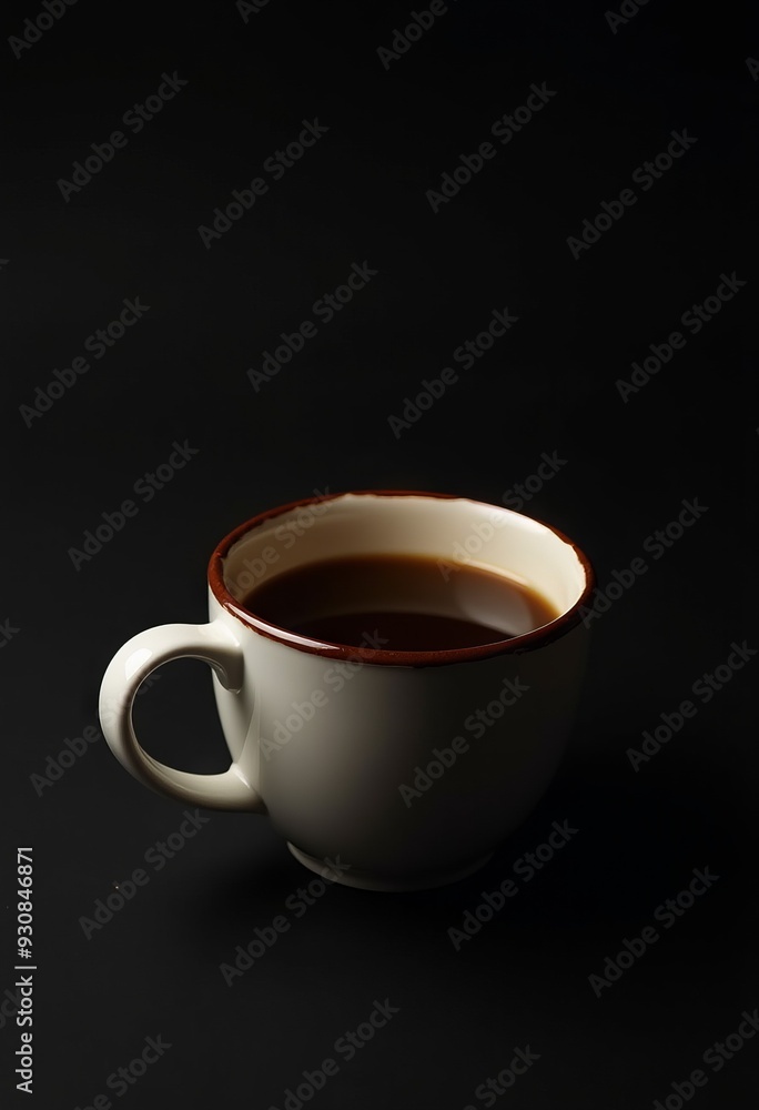 White Mug with Dark Beverage and Brown Rim on Black Background White Mug with Dark Beverage and Brown Rim on Black Background